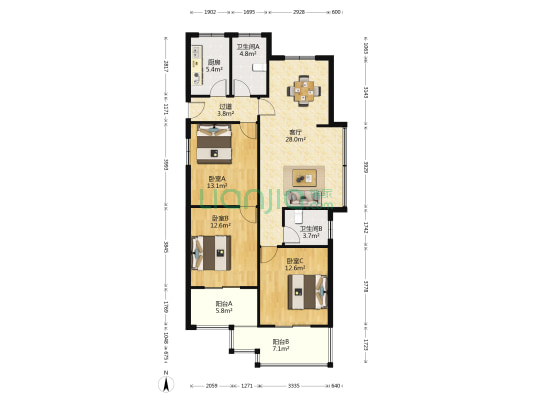 宁南新城沁园 3室1厅2卫 115平方