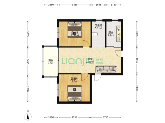 人民路三百九十八号 2室1厅1卫 97平方