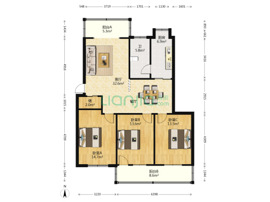 寒溪小区 3室1厅1卫 118平方