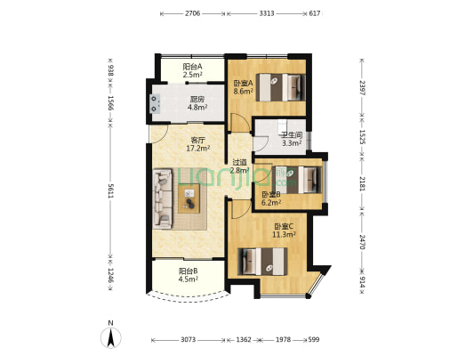 碧桂园花溪首府 3室1厅1卫 91平方