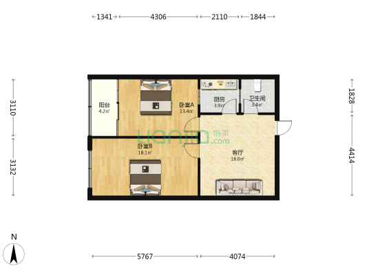 中华路 2室1厅1卫 73平方