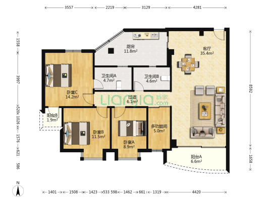 泰景花园 4室1厅2卫 136平方