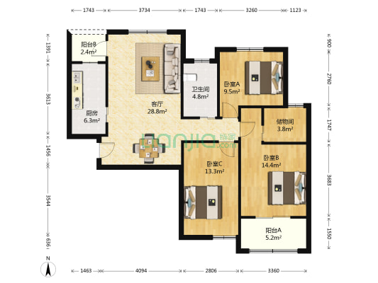 亚东滨江和园 3室1厅1卫 118平方