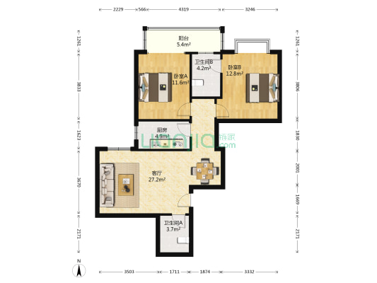 雅荷智能家园 2室1厅2卫 103平方