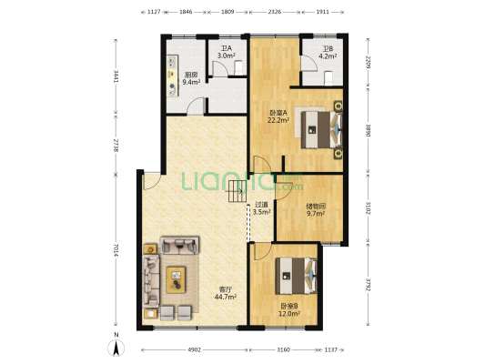 锦瑞园 2室1厅2卫 128平方