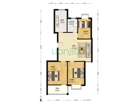 温馨家园 3室1厅1卫 108平方
