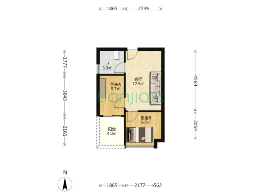 钜隆君玺花园 2室1厅1卫 45平方