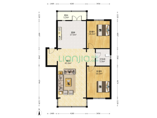 榆树屯社区 2室1厅1卫 122平方