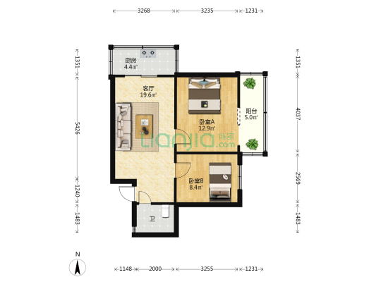 中国银行云南省分行宿舍 2室1厅1卫 52平方