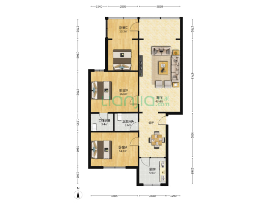 状元街131号 3室1厅2卫 120平方