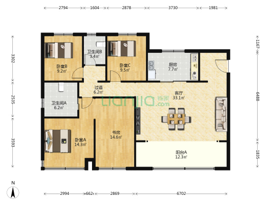 铂悦天汇东区 4室1厅2卫 152平方