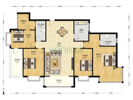 绿洲花园 4室1厅2卫 158平方