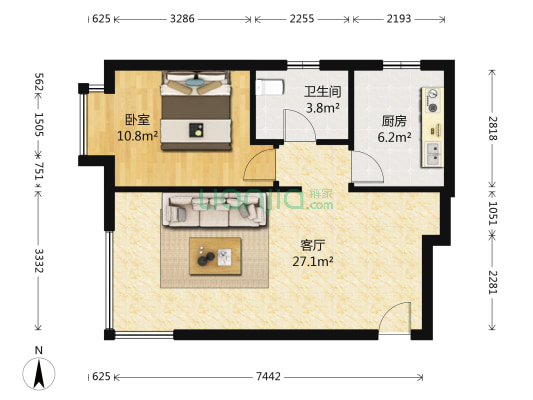 鸿坤一居室， 房屋空置，价格都能谈。-户型图