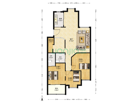 海滨安心公寓 3室1厅2卫 127平方