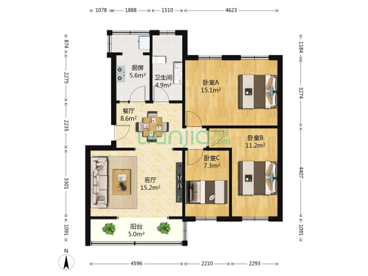 棉浆厂宿舍 3室2厅1卫 96平方