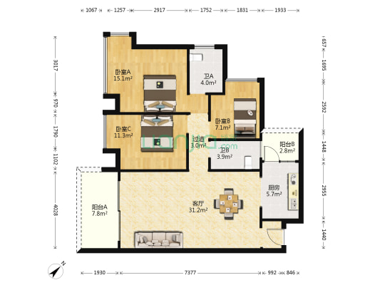 怡翠世嘉花园 3室1厅2卫 106平方