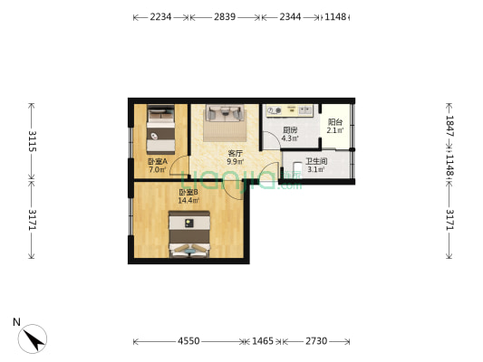 帘官公所街57号 2室1厅1卫 52平方