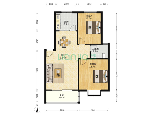 宜家花园 2室1厅1卫 94平方