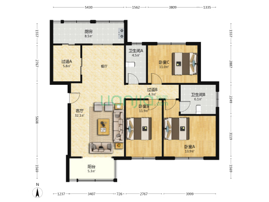 浩泽园 3室1厅2卫 127平方
