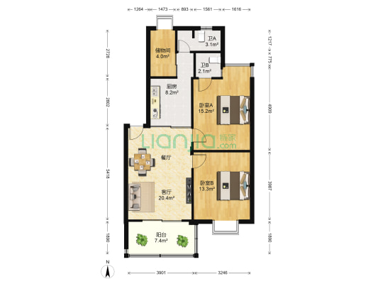 海鸿花园 2室1厅2卫 92平方