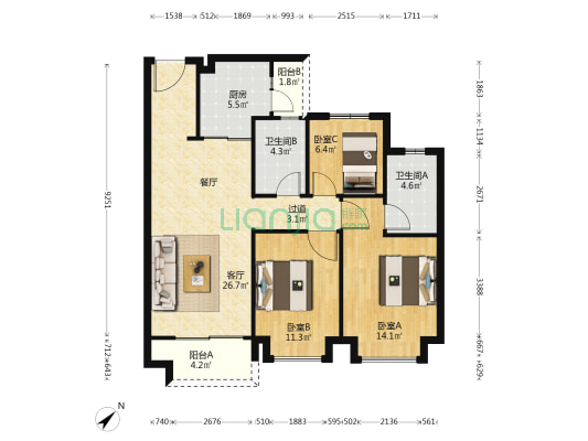 龙湖春江紫宸 3室1厅2卫 98平方
