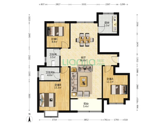 星空钰园 3室1厅2卫 128平方