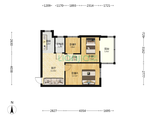 市三建家属院 3室1厅1卫 54平方