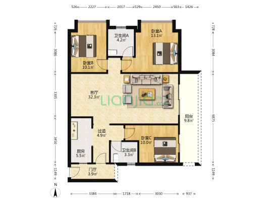 航丽广场 3室1厅2卫 122平方