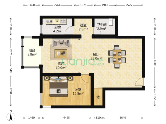 新华街三里 1室2厅1卫 85平方