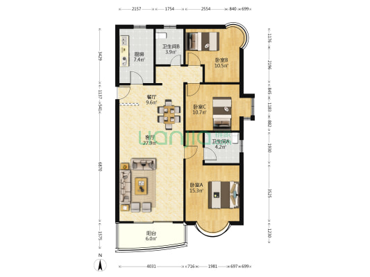 宜德苑 3室2厅2卫 124平方