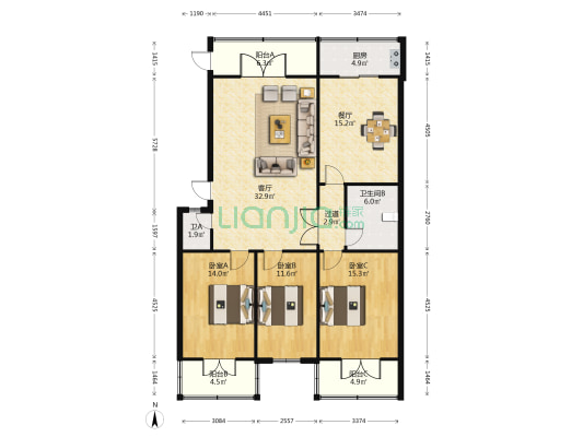 半坡西街38号 3室2厅2卫 134平方