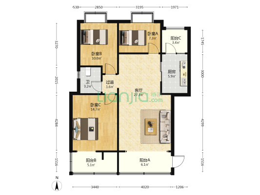 橄榄郡 3室1厅1卫 99平方