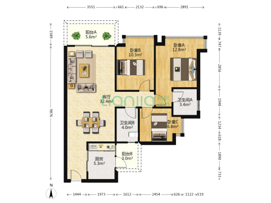 碧桂园壹中心 3室1厅2卫 100平方