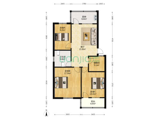 北大街道办事处 3室1厅1卫 93平方