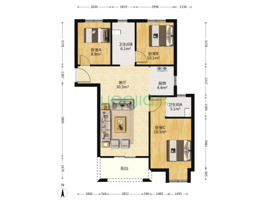 宇业天逸商业广场 3室1厅2卫 118平方