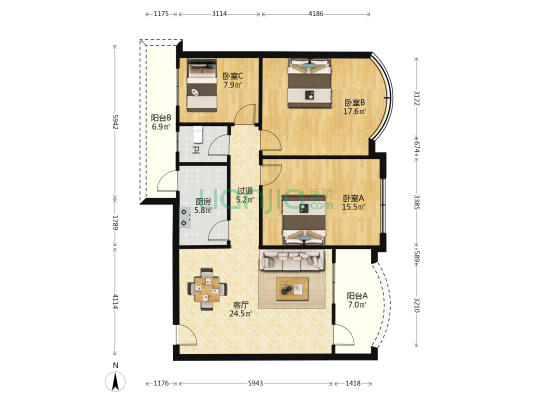 嘉富大厦 3室1厅1卫 106平方