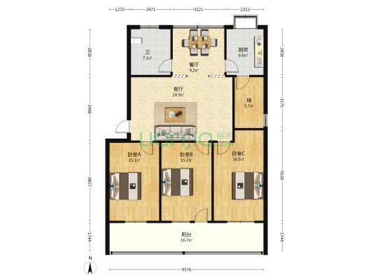 大宅小区 3室2厅1卫 133平方