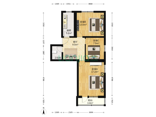 前泥洼小区 3室1厅1卫 76平方