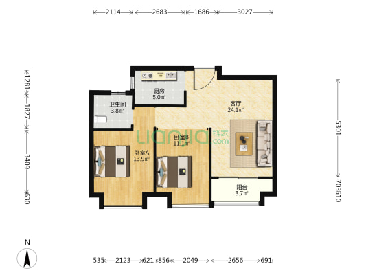 瓯恒云邸 2室1厅1卫 80平方