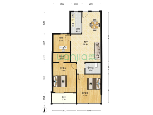 瓯海三医宿舍 3室1厅1卫 91平方