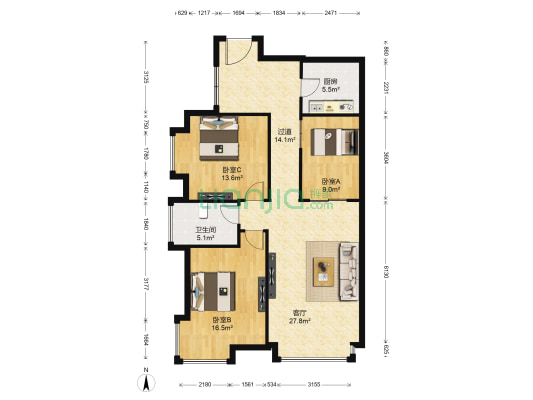 新世界广场 3室1厅1卫 122平方