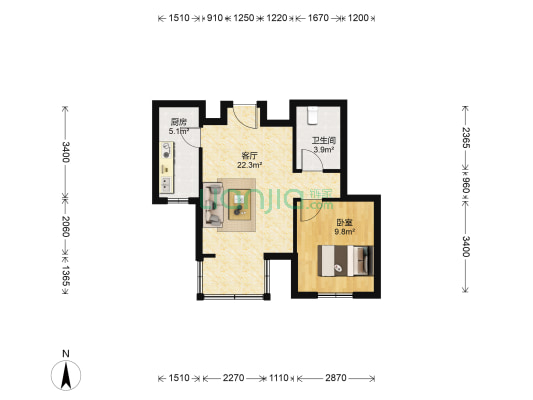 瀛海家园和园B区 1室1厅1卫 59平方