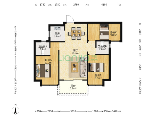 富康城紫悦台 3室1厅2卫 98平方
