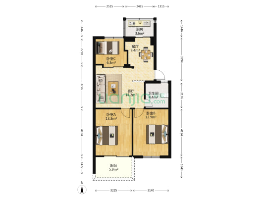 保福公寓 3室2厅1卫 79平方