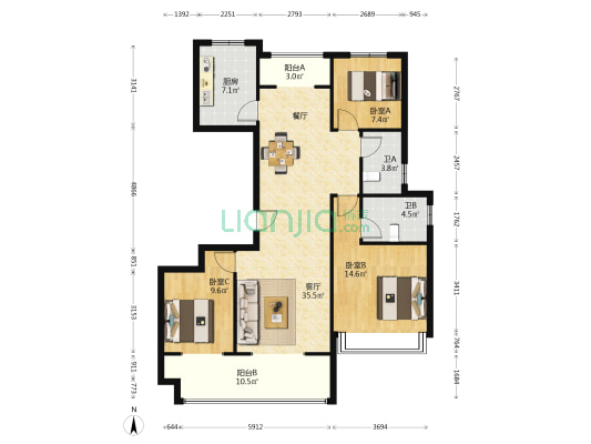 建业滨湖壹号 3室1厅2卫 130平方