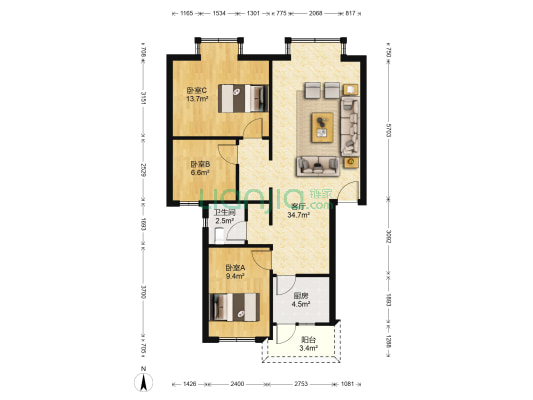 杨柳桥2号院 3室1厅1卫 88平方
