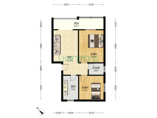 文家东巷3号 2室1厅1卫 63平方