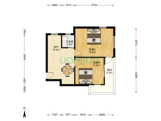 颜港北村二区北区 2室1厅1卫 55平方