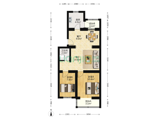 天堂河南区 2室2厅1卫 70平方