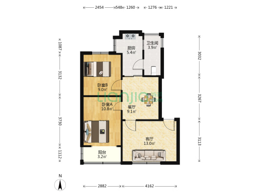 陕西路120号大院 2室2厅1卫 57平方